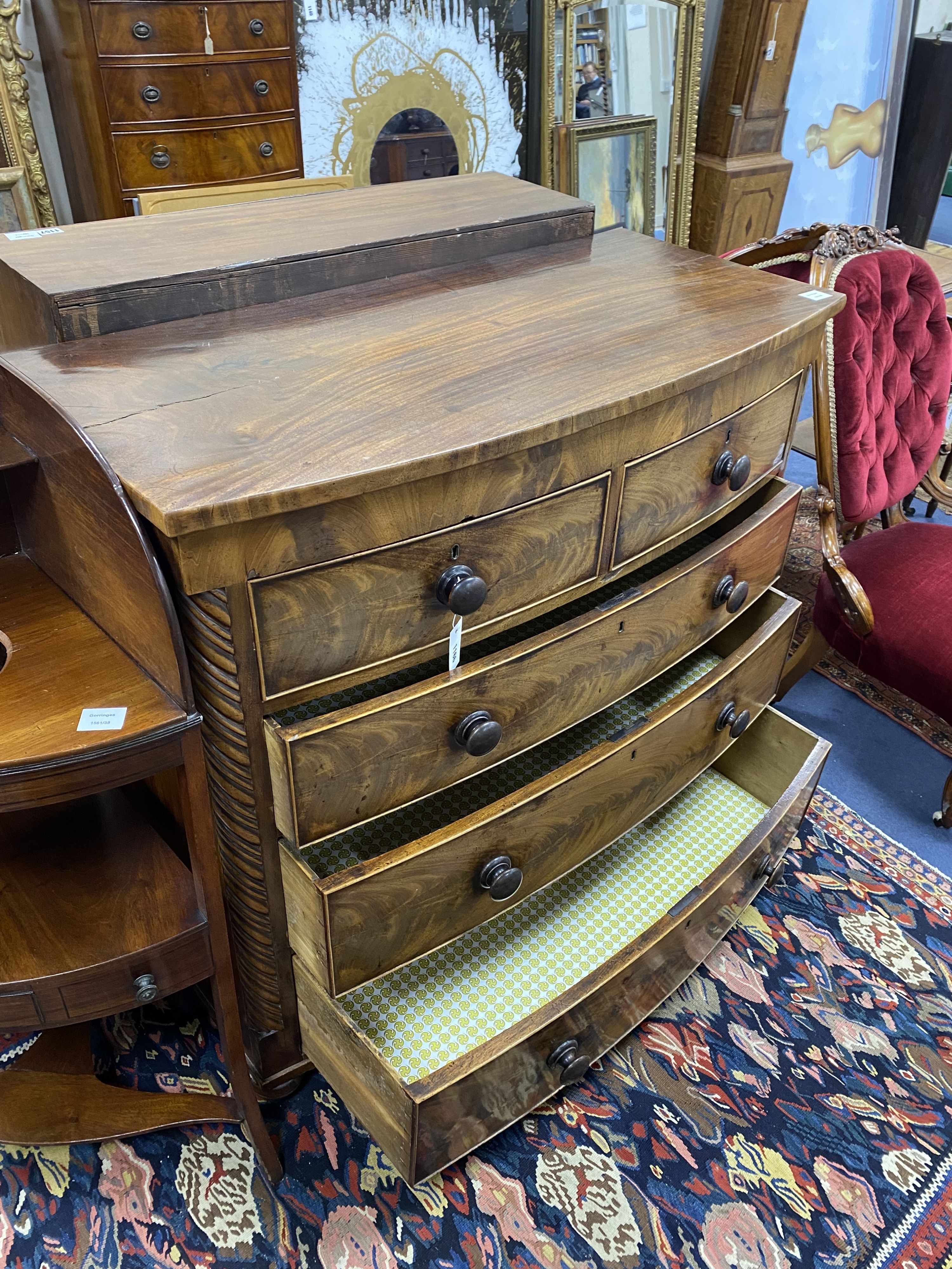 An early Victorian mahogany bow fronted chest of drawers, width 108cm, depth 51cm, height 102cm